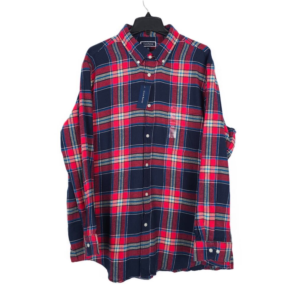 Club Room Mens Regular Fit Flannel Shirt Sz XXL Red Navy Plaid 100% Cotton NWT